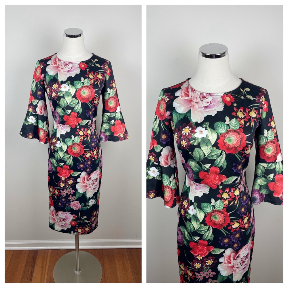 New York & Company Black Pink Green Floral Bell Sleeve Dress New Women Small